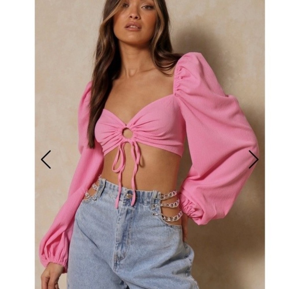 Ribbed Pink Puff Shoulder Ruched Crop Top